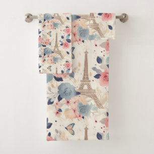 Flowers and Eiffel Tower Paris Travel Pattern Bath Towel Set