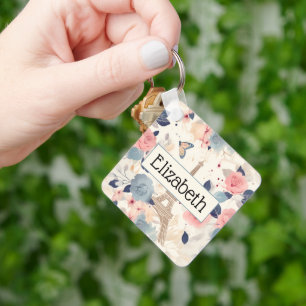 Flowers and Eiffel Tower Paris Travel Pattern Key Ring