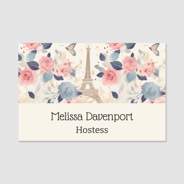 Flowers and Eiffel Tower Paris Travel Pattern Name Tag (Front)