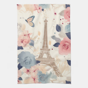 Flowers and Eiffel Tower Paris Travel Pattern Tea Towel