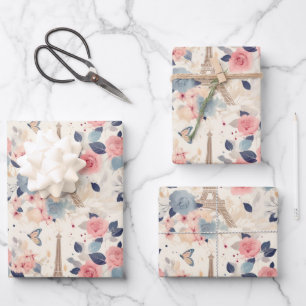 Flowers and Eiffel Tower Paris Travel Pattern Wrapping Paper Sheet