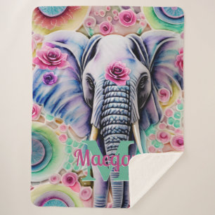 Flowers and Elephant Personalised Name Watercolor Sherpa Blanket