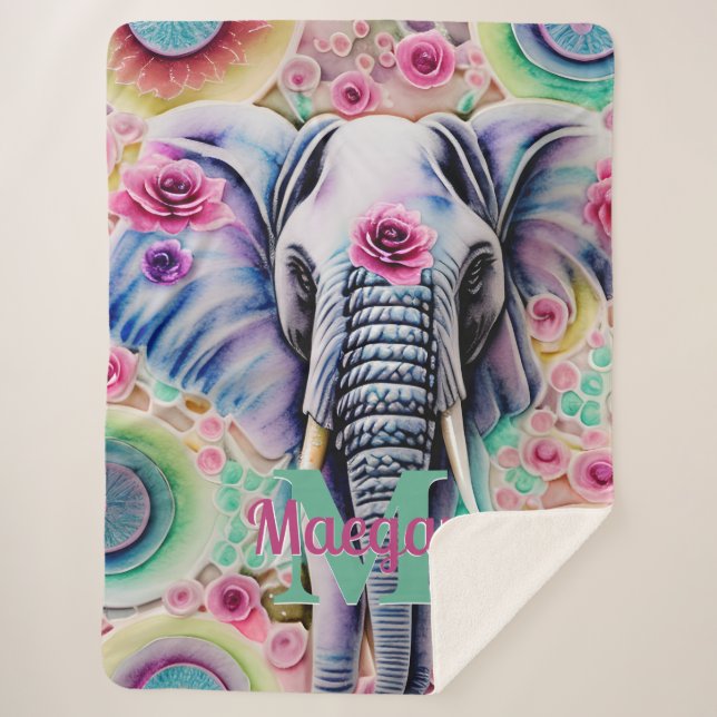Flowers and Elephant Personalised Name Watercolor Sherpa Blanket (Front)