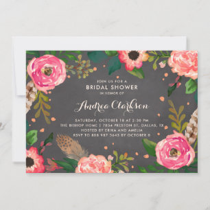 Flowers and Feathers Chalkboard Bridal Shower Invitation