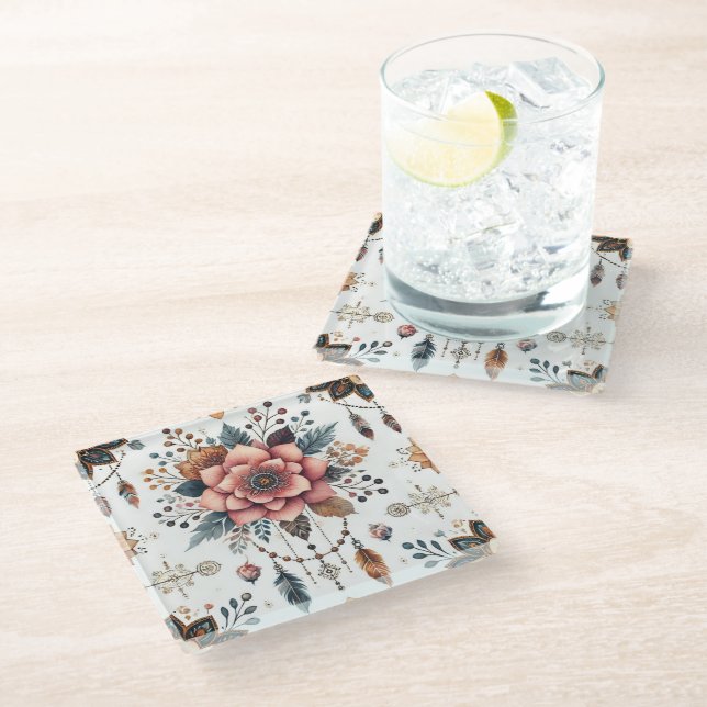 Flowers and Feathers Glass Coaster (Angled)