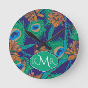 Flowers And Feathers   Monogram Round Clock