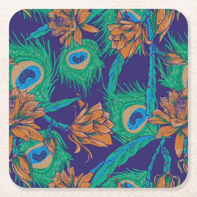 Flowers And Feathers Square Paper Coaster (Front)