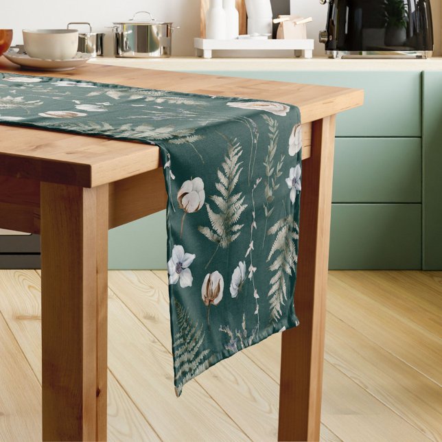 Flowers and Fern Leaves Forest Floral Botanical Short Table Runner (In situ)