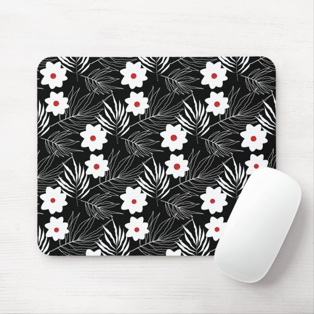Flowers and Ferns on Black Mouse Pad (With Mouse)