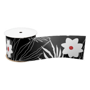 Flowers and Ferns on Black  Satin Ribbon