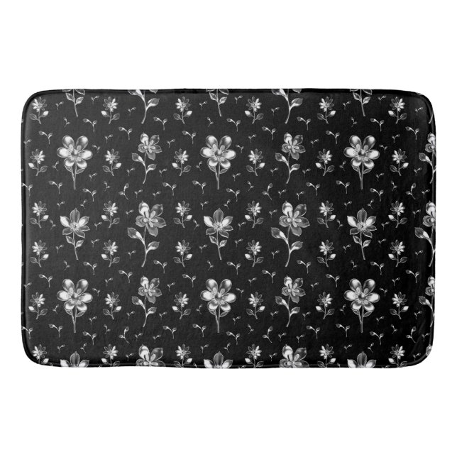 Flowers And Foliage Black And Silver Floral Bath Mat (Front)