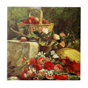 Flowers and Fruit in a Garden, Eugene Boudin art Ceramic Tile