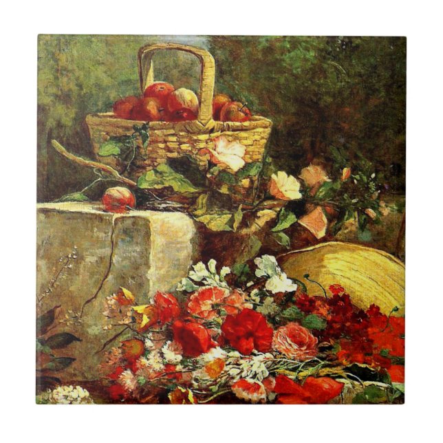 Flowers and Fruit in a Garden, Eugene Boudin art Ceramic Tile (Front)