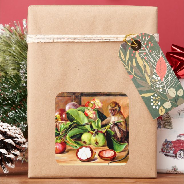 Flowers and fruit of Mangosteen; Singapore Monkey Square Sticker (Holiday)