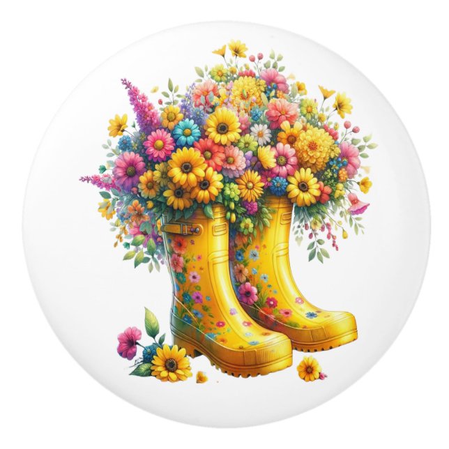 Flowers and Garden Boots Ceramic Knob (Front)