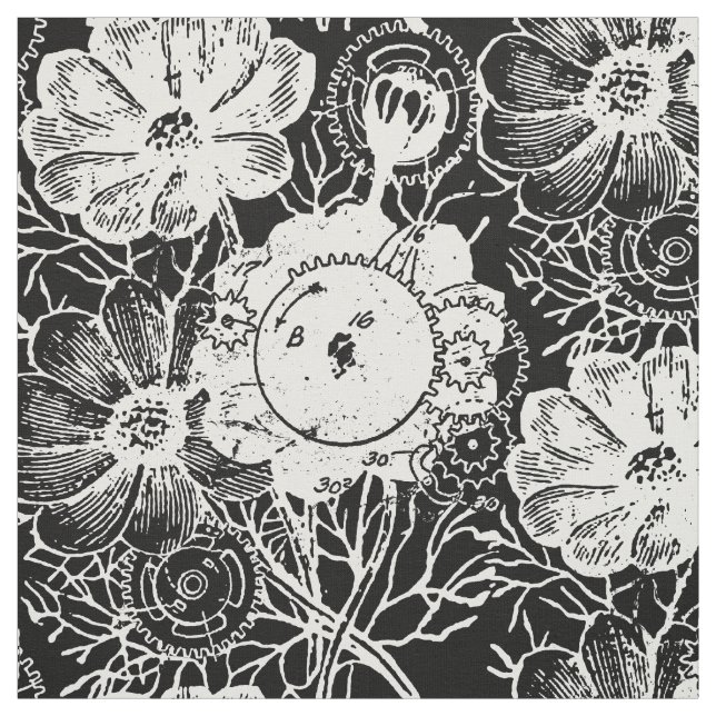 Flowers And Gears White Fabric (Swatch)