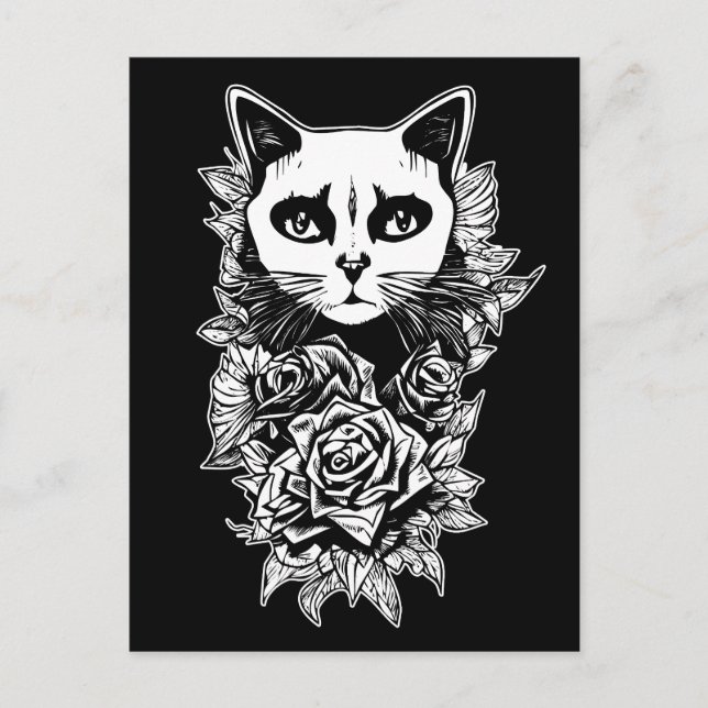 Flowers And Gothic Cat Postcard (Front)