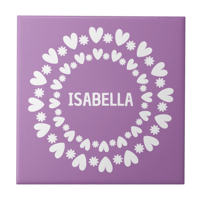 Flowers And Hearts Name Ceramic Tile (Front)