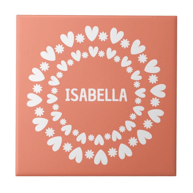 Flowers And Hearts Name Ceramic Tile (Front)