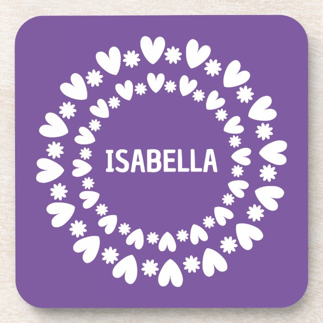 Flowers And Hearts Name Coaster (Front)