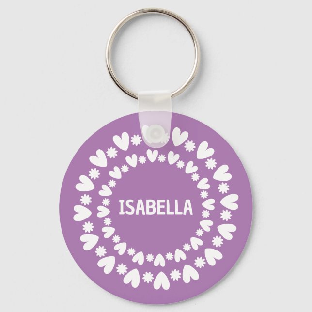 Flowers And Hearts Name Key Ring (Front)