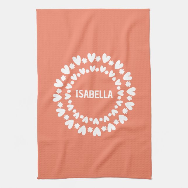 Flowers And Hearts Name Tea Towel (Vertical)