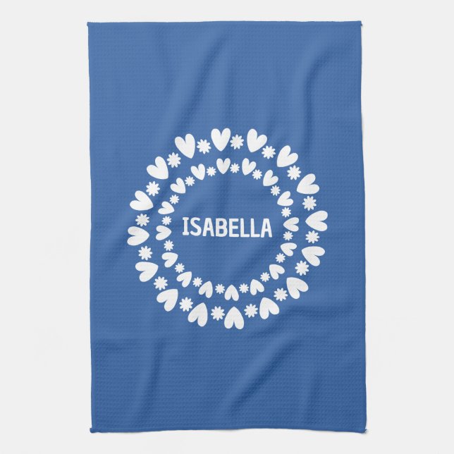 Flowers And Hearts Name Tea Towel (Vertical)