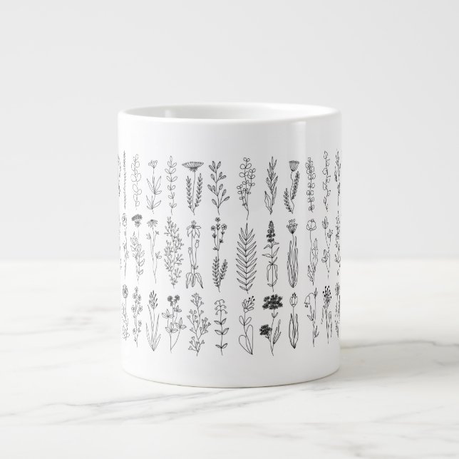 Flowers And Herbs Ink Drawing Large Coffee Mug (Front)