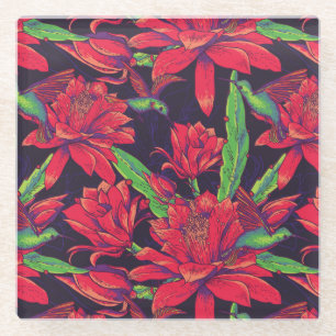 Flowers And Hummingbirds Glass Coaster