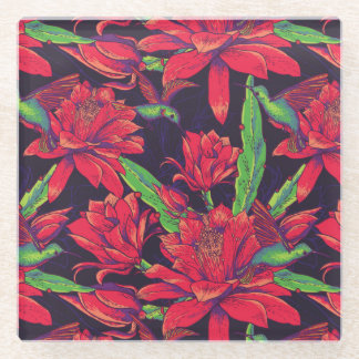 Flowers And Hummingbirds Glass Coaster