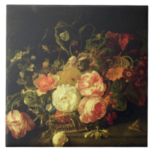 Flowers and Insects, 1711 (oil on panel) Tile