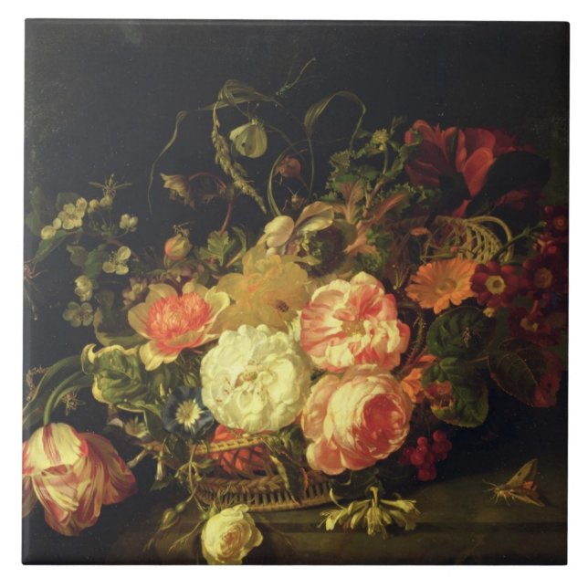 Flowers and Insects, 1711 (oil on panel) Tile (Front)