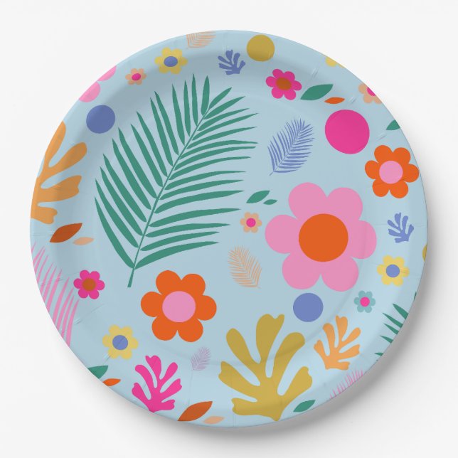 Flowers And Leaves 03 Blue And Pink Paper Plate (Front)