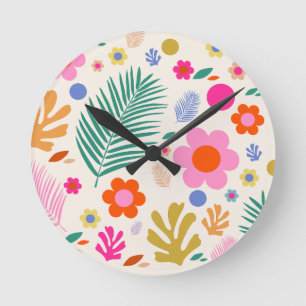 Flowers And Leaves 04 Colourful Floral Round Clock