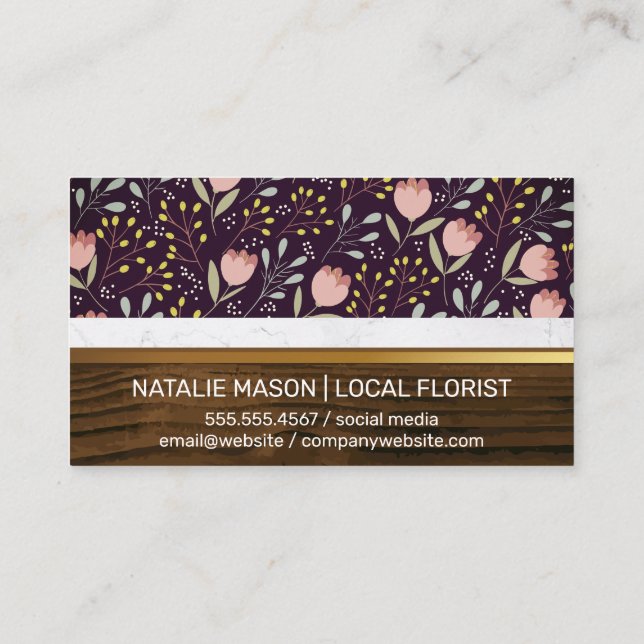 Flowers and Leaves Decorative | Wood and Marble Business Card (Back)