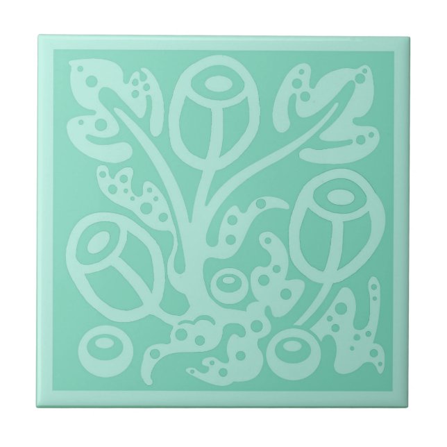 Flowers and leaves in soft mint blue green ceramic tile (Front)