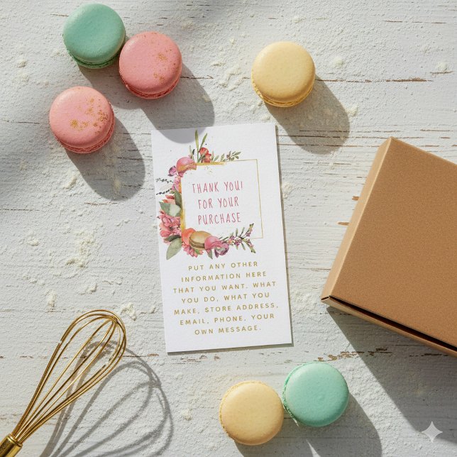 Flowers and macaroons gold border enclosure card (Flowers and macaroons gold border thank you enclosure card for customer orders.)