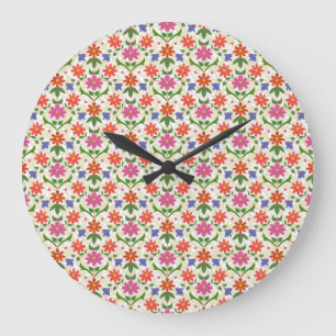 Flowers and Polka Dots on Ecru Round Wall Clock