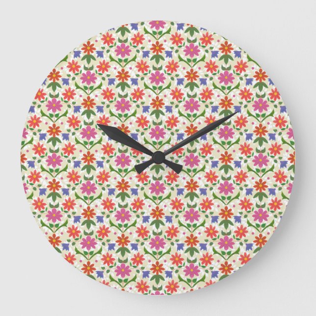 Flowers and Polka Dots on Ecru Round Wall Clock (Front)