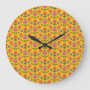 Flowers and Polka Dots on Yellow Round Wall Clock