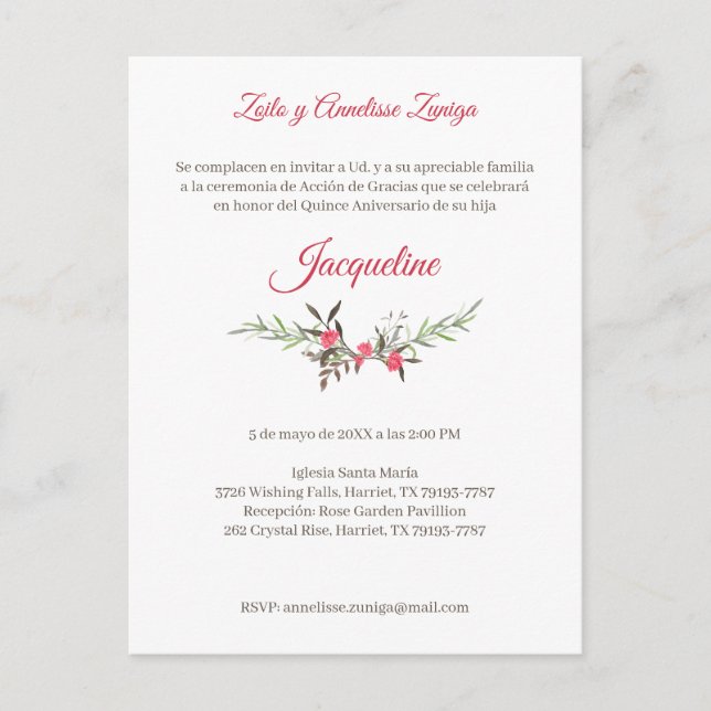 Flowers and Red Branches for Quinceañera Invitation Postcard (Front)
