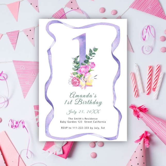 Flowers and ribbon number 1st Birthday Party Invitation (Creator Uploaded)