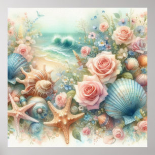 Flowers and seashells watercolor in pastel colours poster