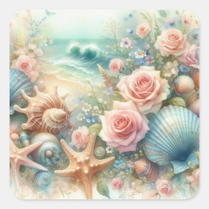 Flowers and seashells watercolor in pastel colours square sticker