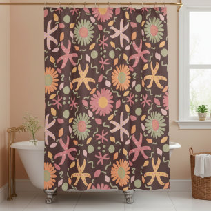 Flowers And Starfish On Chocolate Brown Shower Curtain