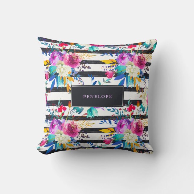 Flowers and Stripes | Trendy and Bright Cushion (Front)