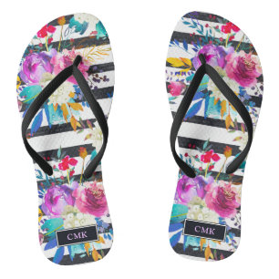Flowers and Stripes   Trendy and Bright Monogram Thongs