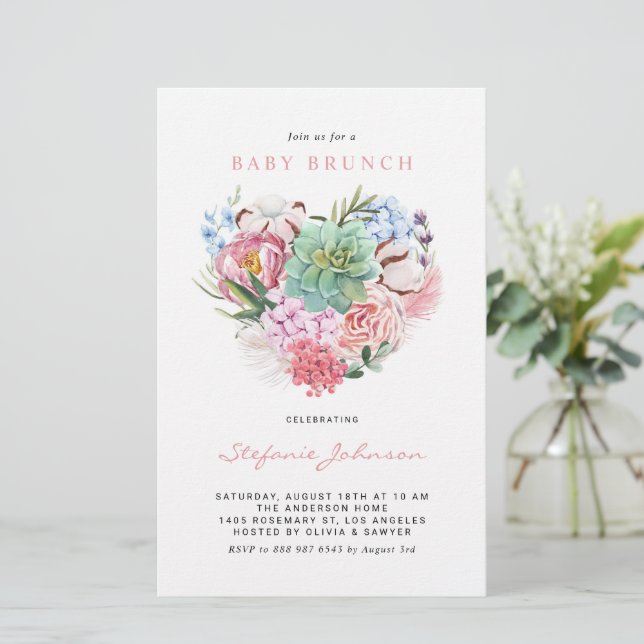 Flowers and Succulent Heart Baby Brunch Invitation (Standing Front)
