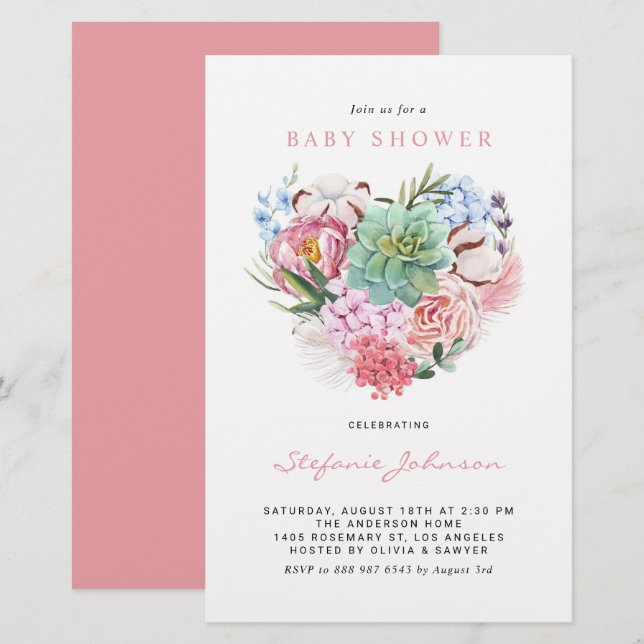 Flowers and Succulent Heart Baby Shower Invitation (Front/Back)