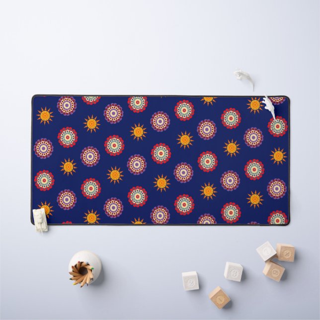 Flowers and sun pattern with dark blue background desk mat (Kids Table)